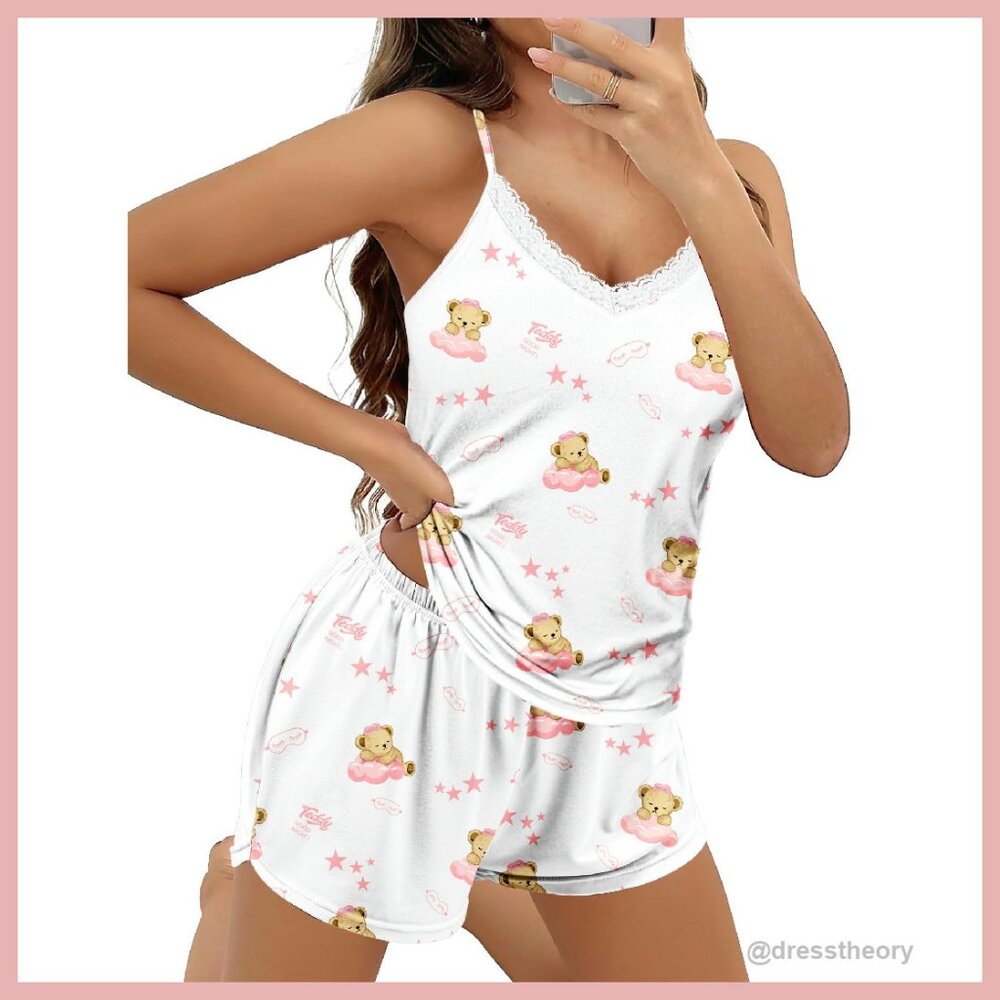 Soft Lace Trim Pajama Set Women's Sleepwear Cami Shorts Lounge Wear